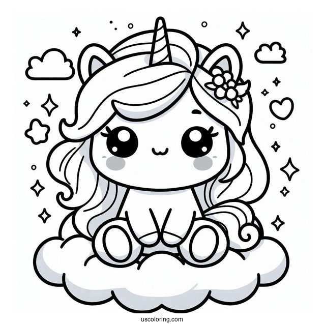 Chubby Little Unicorn Sitting On A Cloud Coloring Page