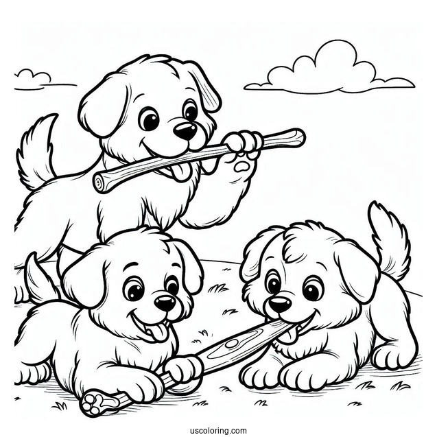 Three Dogs Playing With Large Stick