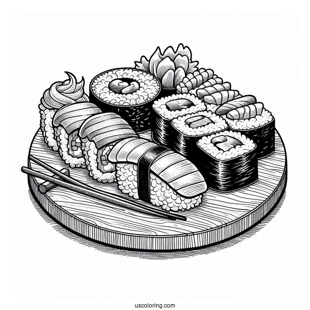 Realistic Sushi Coloring Pages Plate