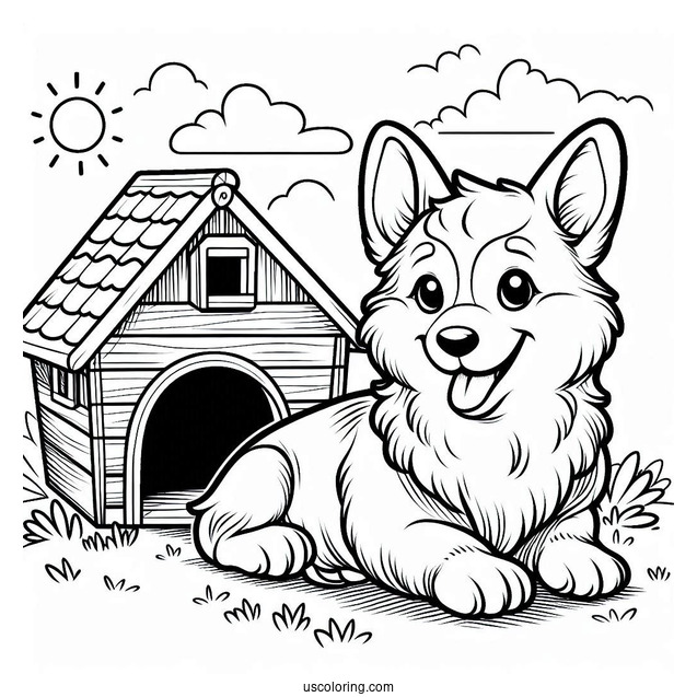 Smiling Corgi Coloring Page Lying Outside Dog House