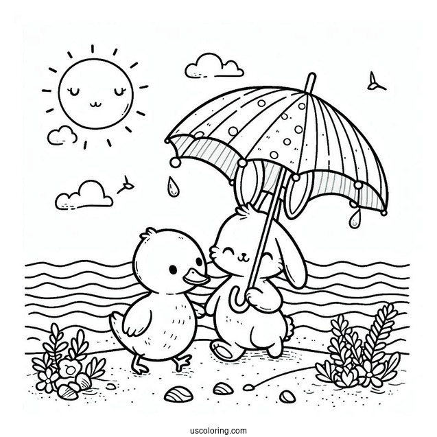 Cute Coloring Page Of Rabbit And Duck Walking Along The Beach Under An Umbrella