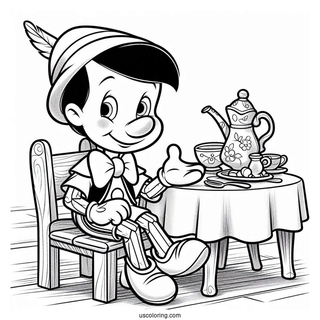 Pinocchio Coloring Page Of Happy Figaro Seated On The Table For Kids