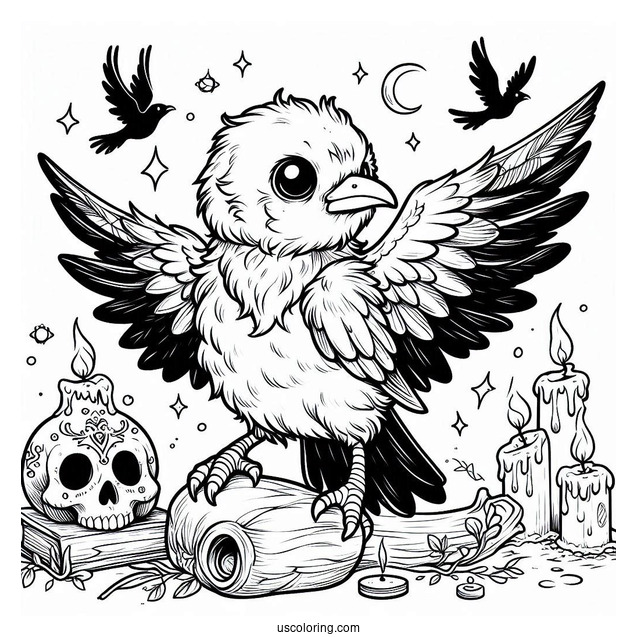 Baby Raven Coloring Page Standing On A Skull With Candles And Magic Spell Book