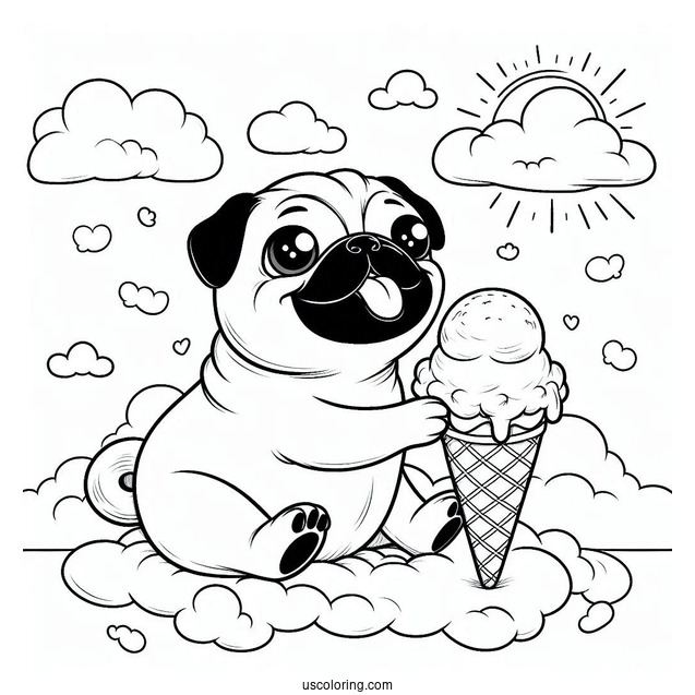 Pug Coloring Page Enjoying Ice Cream Cone In The Clouds for Kids