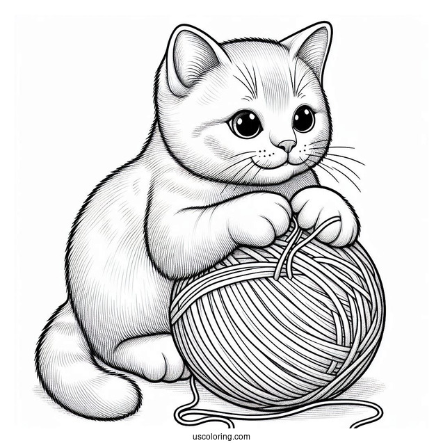 Coloring Sheet Of Realistic Cat Playing With Yarn