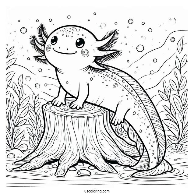 Happy Axolotl Coloring Page Standing On A Stump Under The Sea