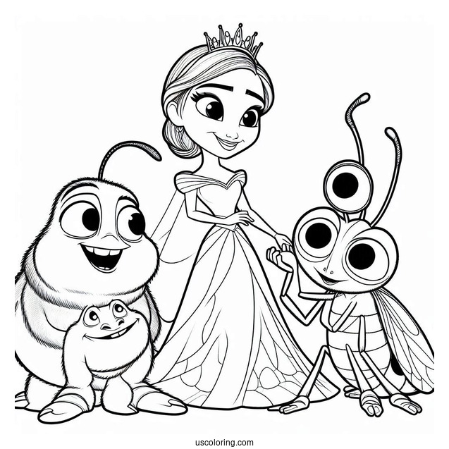 Pixar Coloring Page of Princess Atta, Flik, Heimlich, And Dot Bug s Life