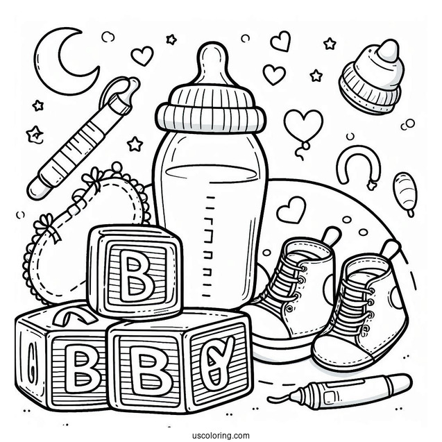 Baby Coloring Page Of Bottle, Pacifier, And Letter Blocks