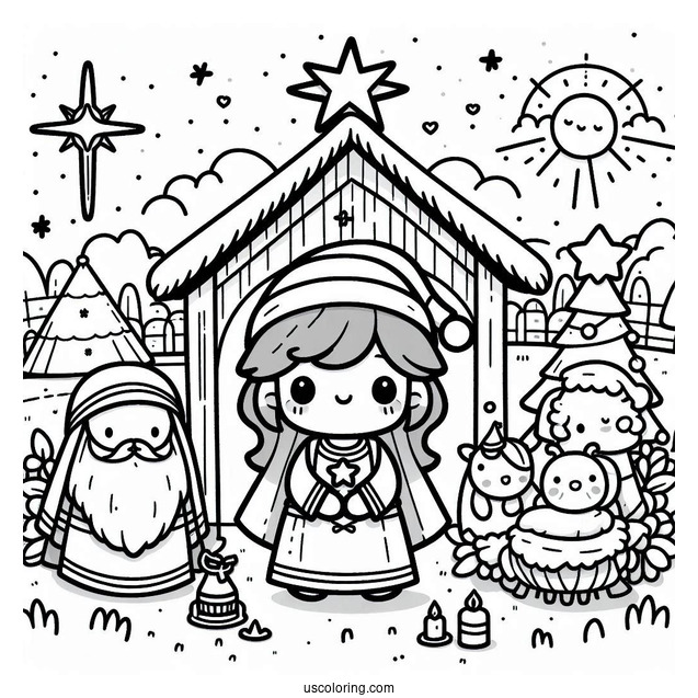 Nativity Coloring Page Of Cute Chibi Nativity With Star And Manger For Preschoolers