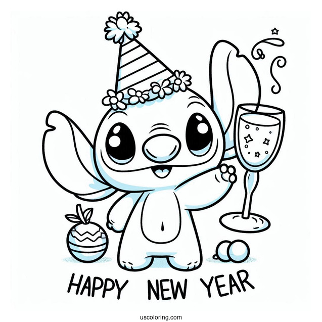 Stitch Wearing A Party Hat And Holding Up A Wineglass On The New Year Coloring Page