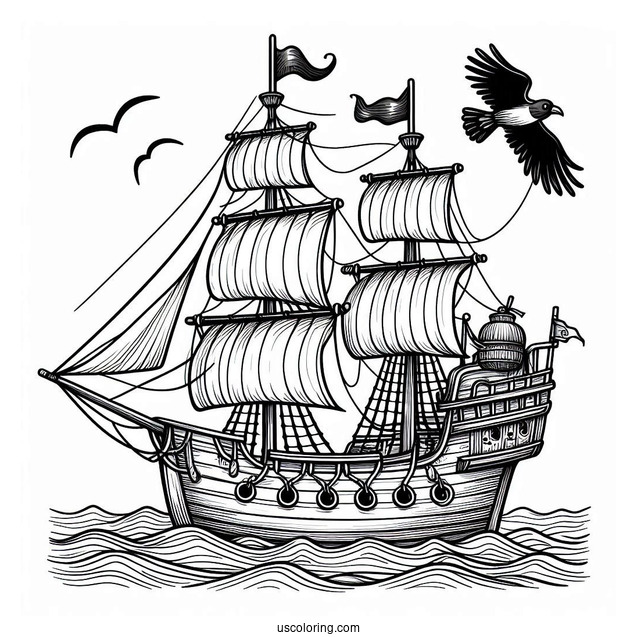 Simple Pirate Ship With Crows Nest To Color
