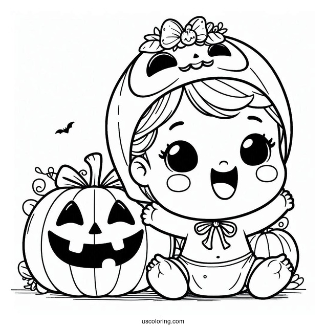 Smiling Baby Coloring Page In a Jack O Lantern Costume