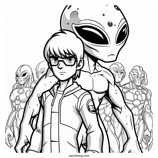 Ben 10 Coloring Page Of Feedback Alien Standing Behind Ben