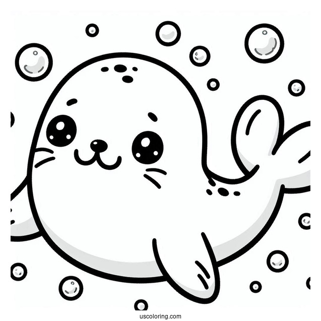 Chibi Cartoon Seal Coloring Page Underwater
