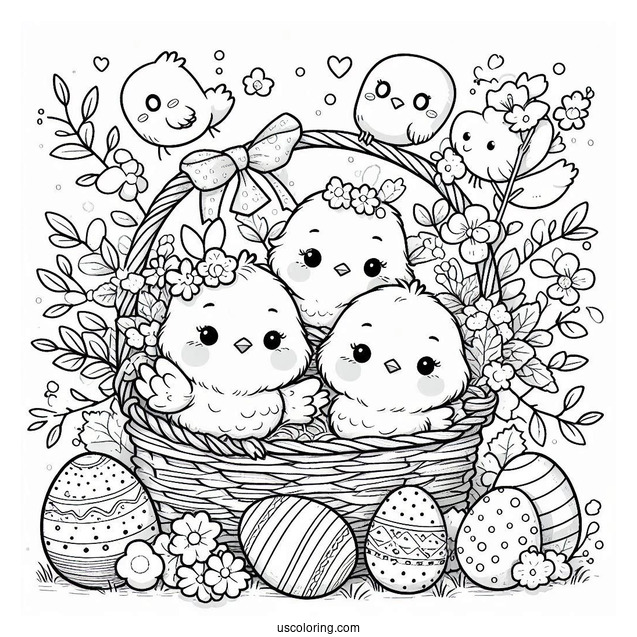 Happy Easter Coloring Page With Chicks And Eggs In Basket