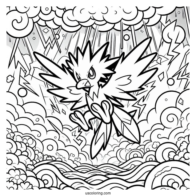 Easy Zapdos Thunderstorm Pokemon Card Coloring Sheet For Kids