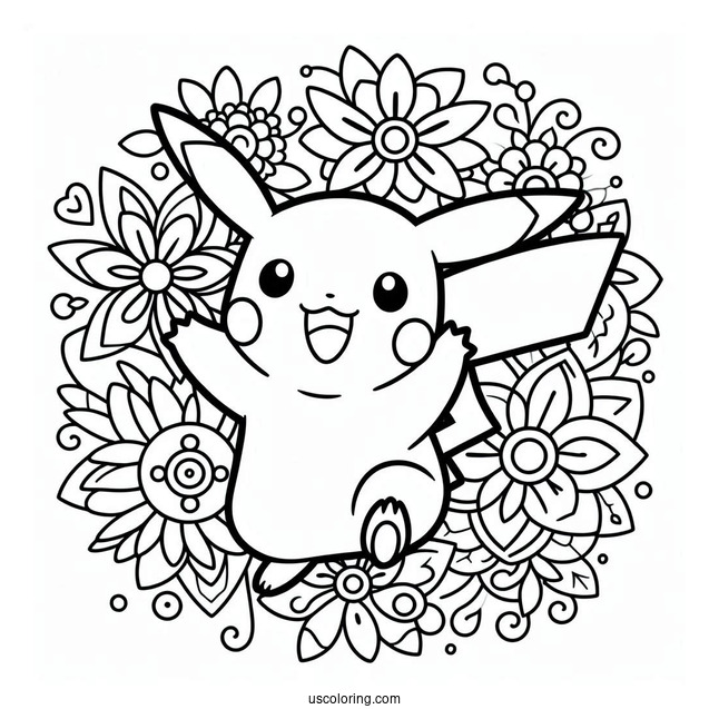 Waving Pikachu Flower Mandala Coloring Sheet