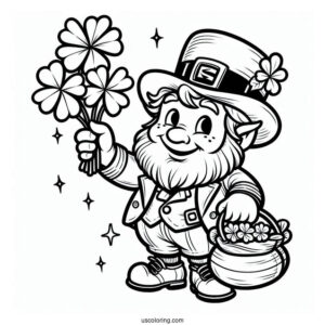 St. Patrick's Day Coloring Page Of Leprechaun Holding Up A Bunch Of Clovers