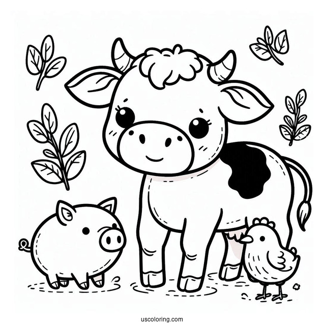 Baby Cow With Pig Chicken And Pig Coloring Sheet
