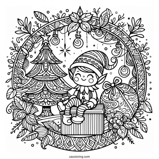Cute Elf Sitting Inside A Christmas Mandala Coloring Page