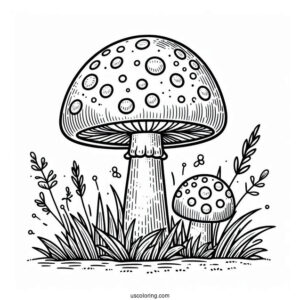 Easy Fly Agaric Mushroom Coloring Page Surrounded By Grass For Kids