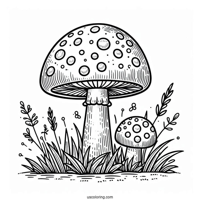 Easy Fly Agaric Mushroom Coloring Page Surrounded By Grass For Kids