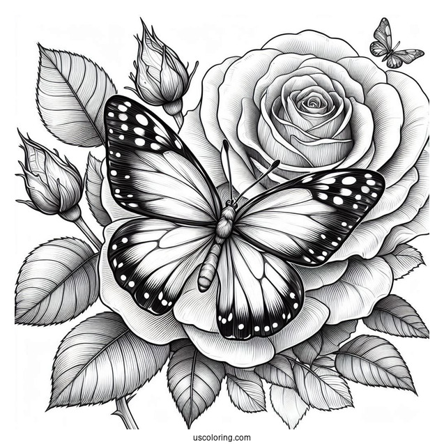 Realistic Butterfly Coloring Page On A Large Rose