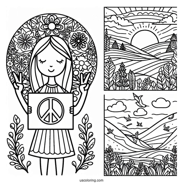 Person Holding A Peace Coloring Page Sign With Different Landscapes