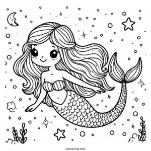 Cute Coloring Page Mermaid Swimming In The Night Sky