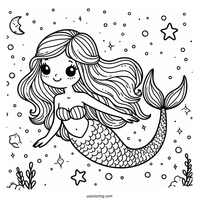 Cute Coloring Page Mermaid Swimming In The Night Sky