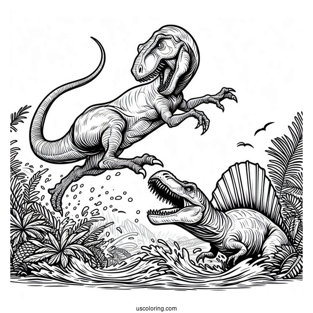 T Rex Fighting A Spinosaurus Coloring Page