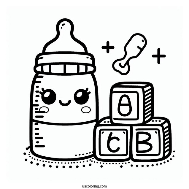 Baby Coloring Page Of Bottle, Pacifier, And Letter Blocks