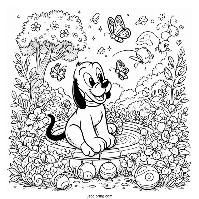 Pluto Coloring Page Sitting In Garden With Butterflies And Birds