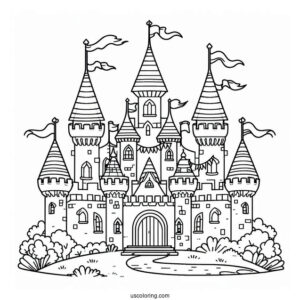 Simple Outline Of Castle Coloring Page With Flags For Kids