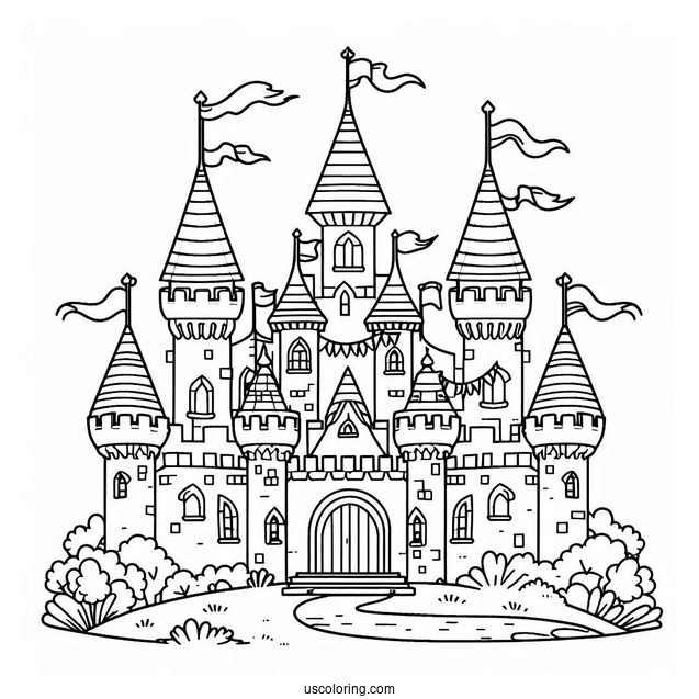 Simple Outline Of Castle Coloring Page With Flags For Kids