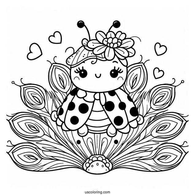 Cartoon Ladybug Sitting On Peacock Coloring Page with Flower Hat and Heart Shaped Tail Feathers