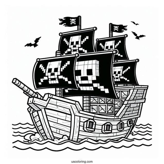 Easy Minecraft Pirate Ship Coloring Page With Two Pirates For Kids