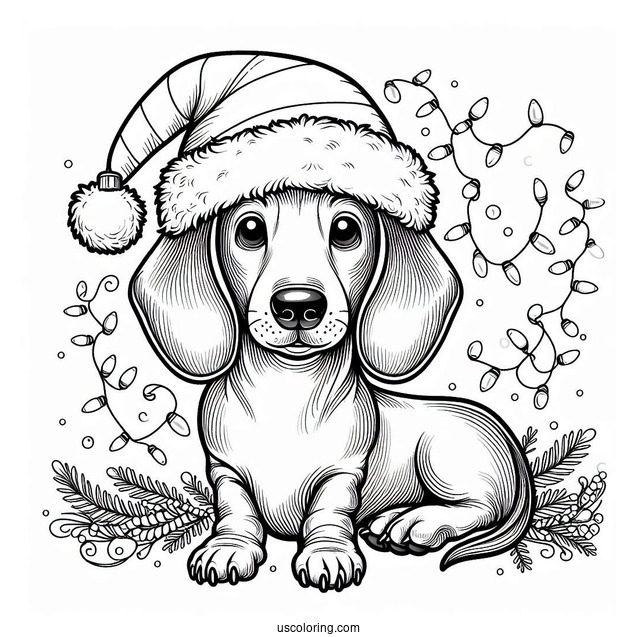 Dachshund Coloring Page In Santa Hat And Christmas Lights