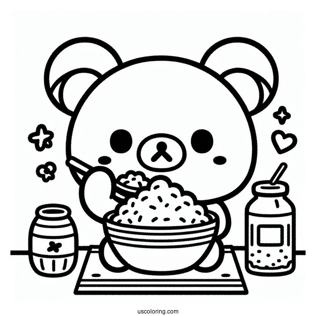 Rilakkuma Coloring Page Of Kawaii Chairoikoguma Eating Rice Bowl For Kids