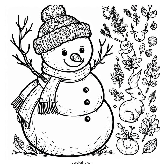 Smiling Snowman With Wild Life To Color