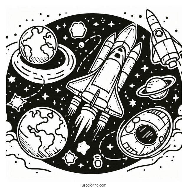 Easy Coloring Page Of NASA Space Shuttle Around Earth