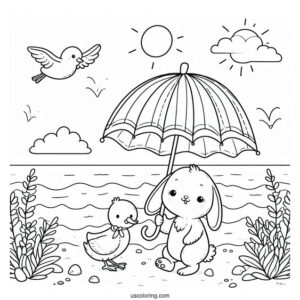 Cute Coloring Page Of Rabbit And Duck Walking Along The Beach Under An Umbrella