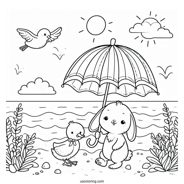 Cute Coloring Page Of Rabbit And Duck Walking Along The Beach Under An Umbrella