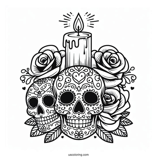 Sugar Skulls Coloring Page With Two Roses And A Lit Candle On Its Head