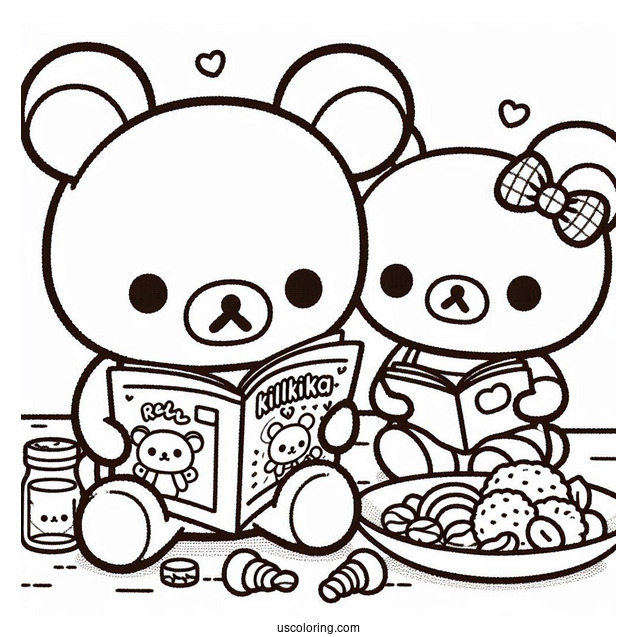 Rilakkuma Coloring Page Of Korilakkuma, And Kiiroitori Eating While Reading Magazine For Kids
