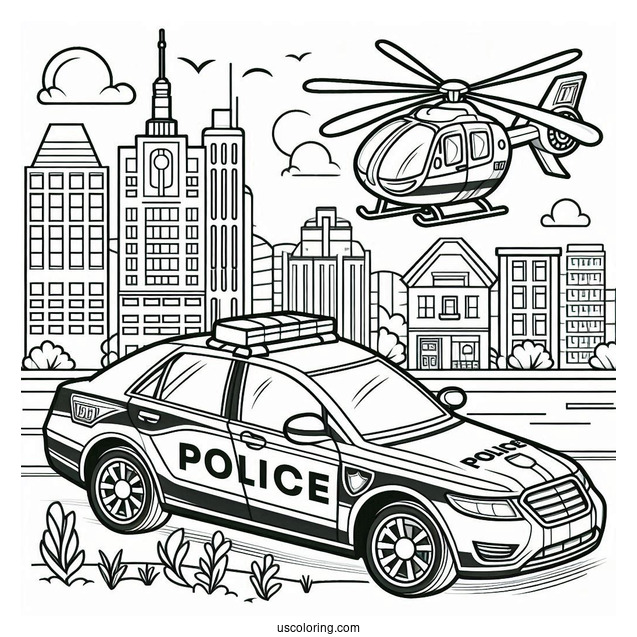 Police Car Coloring Page And Helicopter In The City