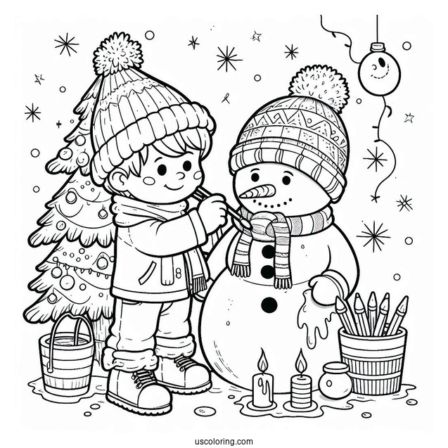 Kids Decorating a Snowman To Color