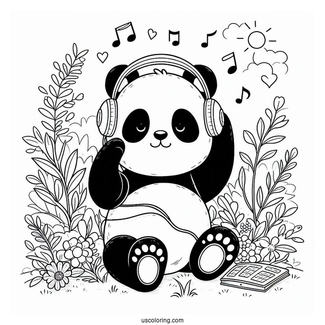Cool Panda Coloring Page Listening to Music with Headphones in the Garden