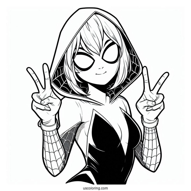 Simple Spider-Gwen Coloring Page Doing Peace Sign For Kids