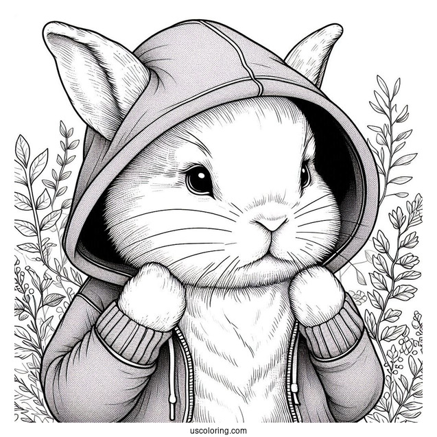 Easy Rabbit Coloring Page Wearing A Hoodie For Kids